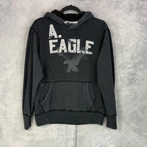Y2K American Eagle Mens Distressed Graphic Hoodie Sweatshirt Gray Sz M Preppy